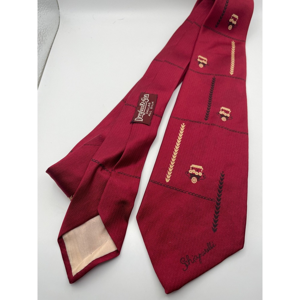 Vintage Schiaparelli Silk Tie Burgundy Red Carriage Wheat Dreyfuss & Son Dallas